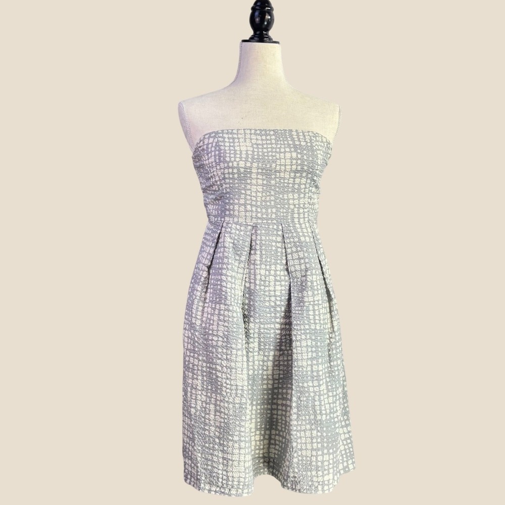J. Crew Dress 6 Grey White 100% Cotton Seersucker Strapless Pockets Retro Preppy